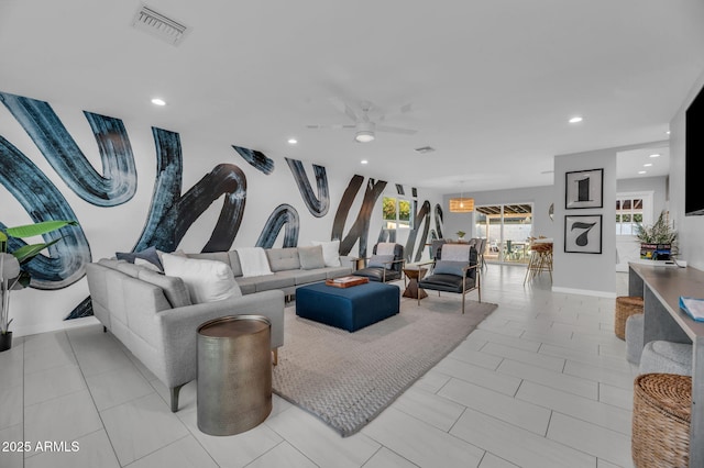 8243 E Montecito Ave, Scottsdale, AZ 85251 - living room featuring baseboards, a ceiling fan, visible vents, and recessed lighting