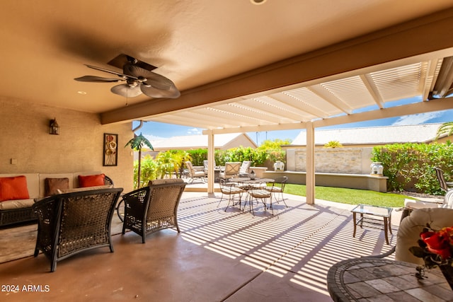 view of patio with a pergola, ceiling fan, and an outdoor hangout area