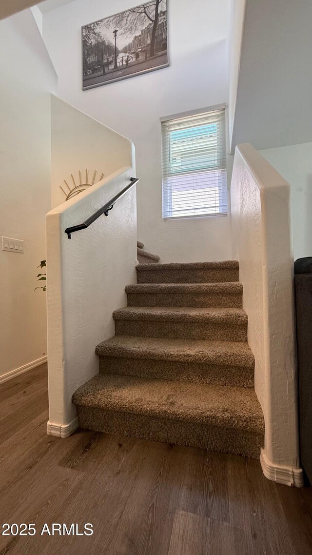 stairs featuring wood finished floors