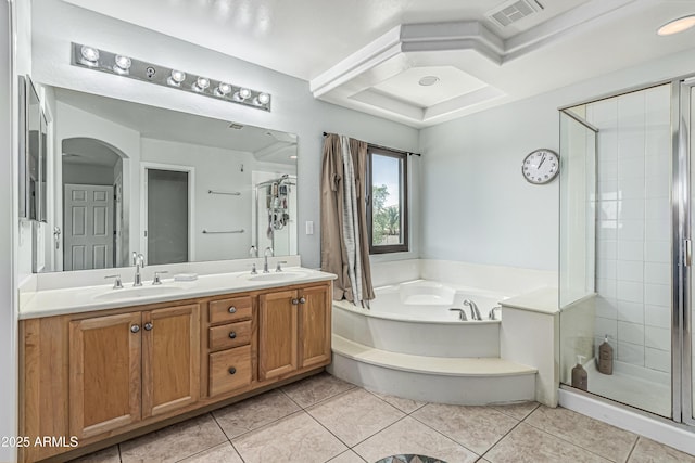 6422 W Range Mule Dr, Phoenix, AZ 85083 - bathroom with a shower stall, a garden tub, double vanity, and tile patterned flooring