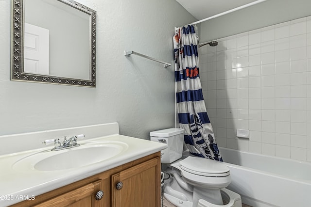6422 W Range Mule Dr, Phoenix, AZ 85083 - bathroom with toilet, vanity, shower / bathtub combination with curtain, and a textured wall
