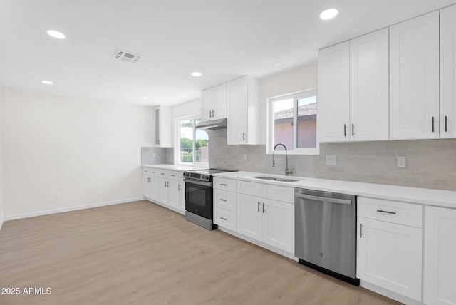 kitchen with appliances with stainless steel finishes, a sink, under cabinet range hood, light wood finished floors, and light countertops