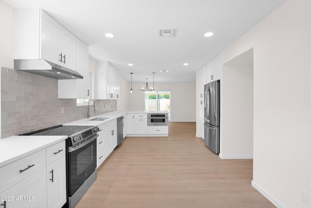 kitchen with stainless steel appliances, under cabinet range hood, a peninsula, decorative backsplash, and white cabinetry