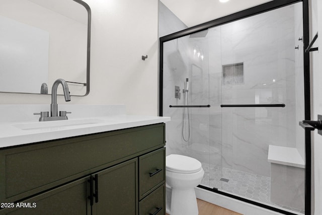 full bathroom featuring a shower stall, toilet, vanity, and wood finished floors
