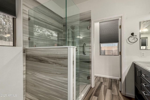 bathroom with vanity, hardwood / wood-style flooring, and an enclosed shower