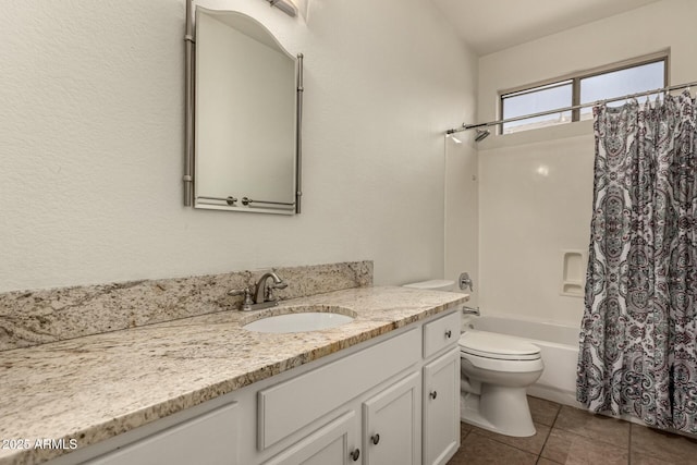 full bathroom featuring shower / bathtub combination with curtain, tile patterned flooring, vanity, and toilet