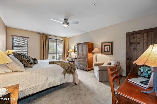 bedroom featuring ceiling fan and light colored carpet