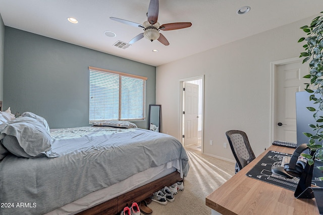 carpeted bedroom with ceiling fan