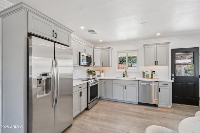 7049 E Latham St, Scottsdale, AZ 85257 - kitchen with appliances with stainless steel finishes, a sink, gray cabinets, ornamental molding, and recessed lighting