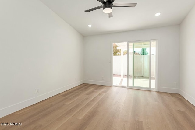 spare room with light wood-style floors, baseboards, a ceiling fan, and recessed lighting