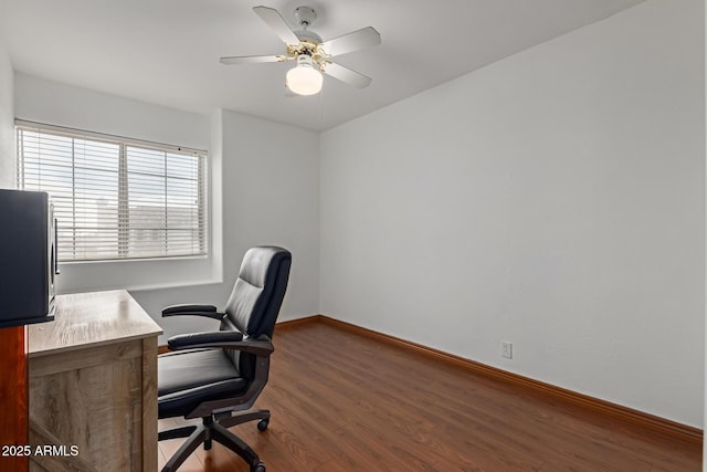 office space featuring dark wood-type flooring and ceiling fan