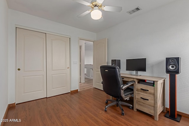 office featuring hardwood / wood-style flooring and ceiling fan