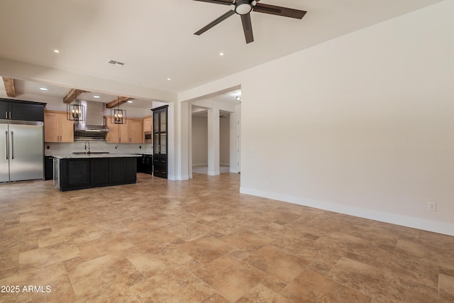 3971 E Leo Pl, Chandler, AZ 85249 - unfurnished living room with a ceiling fan, baseboards, a sink, light stone finish floors, and a chandelier