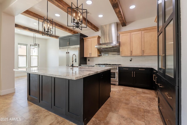 3971 E Leo Pl, Chandler, AZ 85249 - kitchen featuring wall chimney exhaust hood, high end stainless steel range oven, a chandelier, decorative backsplash, and beamed ceiling