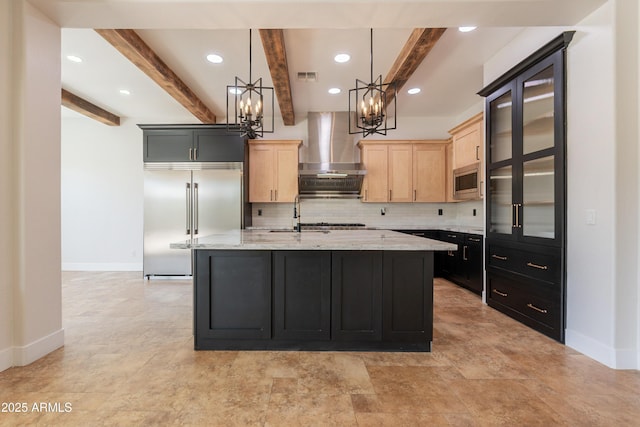 3971 E Leo Pl, Chandler, AZ 85249 - kitchen with wall chimney exhaust hood, built in appliances, a chandelier, light brown cabinets, and baseboards