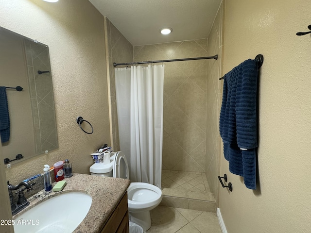 bathroom with tile patterned floors, vanity, toilet, and a shower with shower curtain