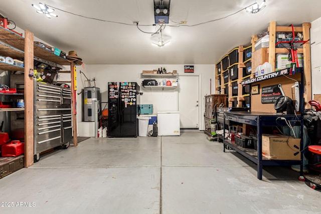 13359 W Post Dr, Surprise, AZ 85374 - garage featuring black fridge with ice dispenser, electric water heater, and a workshop area