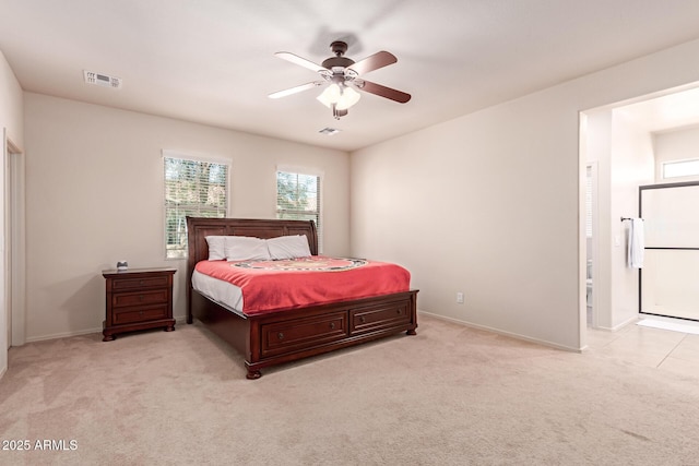 bedroom featuring light carpet, visible vents, a ceiling fan, and baseboards