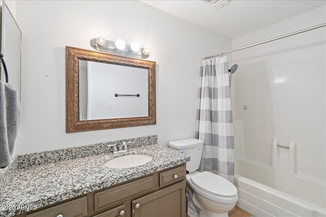 bathroom with vanity, toilet, and shower / bath combination with curtain