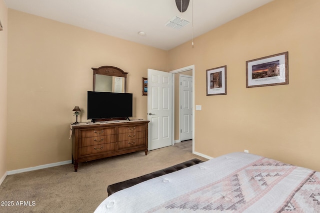 bedroom featuring ceiling fan and light carpet