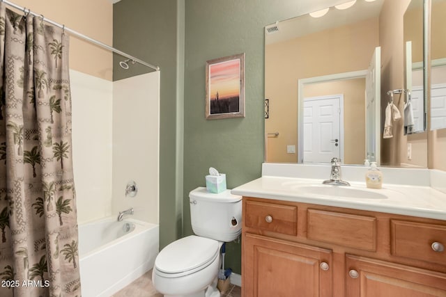 full bathroom with shower / bath combo with shower curtain, toilet, and vanity