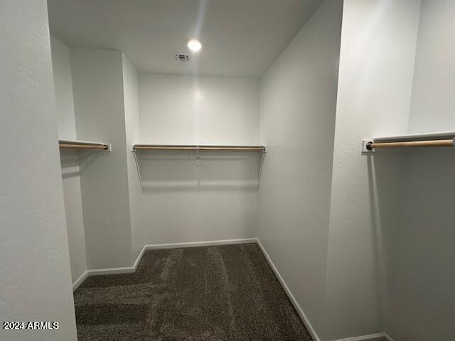 walk in closet with dark carpet