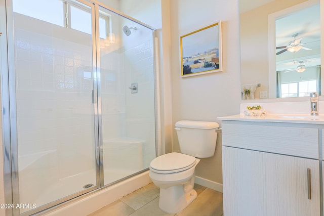 bathroom with tile patterned flooring, vanity, toilet, and walk in shower