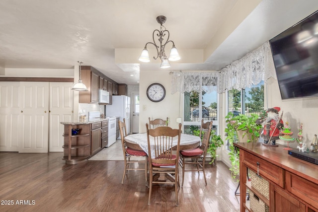 dining space featuring a chandelier, light wood-type flooring, and a healthy amount of sunlight