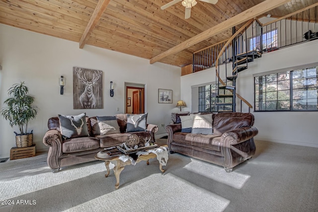 carpeted living room featuring beamed ceiling, ceiling fan, wooden ceiling, and high vaulted ceiling