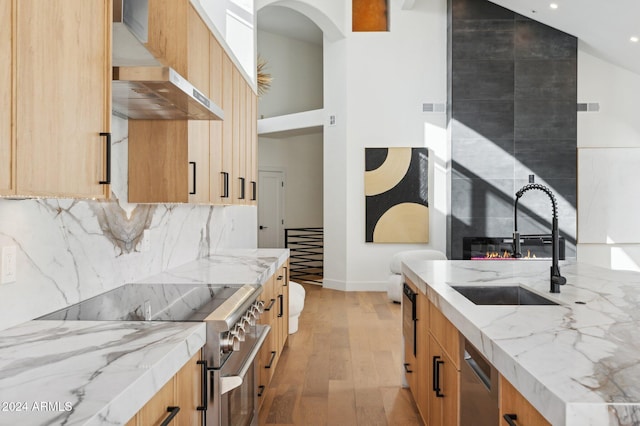 kitchen featuring sink, wall chimney exhaust hood, light stone countertops, light hardwood / wood-style floors, and stainless steel appliances