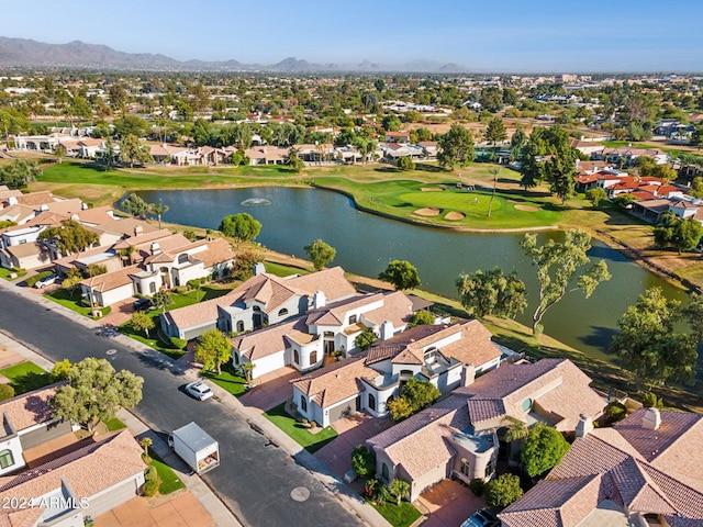 bird's eye view featuring a water and mountain view