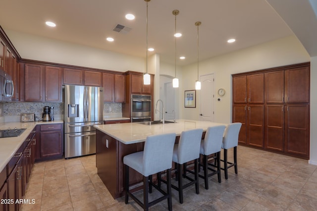 kitchen with pendant lighting, sink, backsplash, stainless steel appliances, and a center island with sink