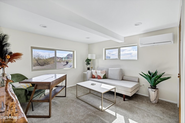 office area featuring beamed ceiling, light colored carpet, a wall mounted air conditioner, and plenty of natural light