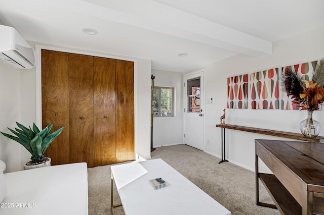 interior space featuring a wall unit AC and beamed ceiling