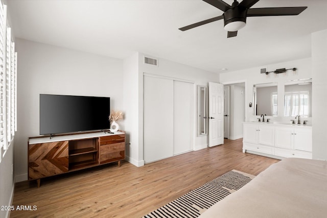 1800 W Shawnee Dr, Chandler, AZ 85224 - bedroom with a sink, light wood-style floors, a closet, and ceiling fan