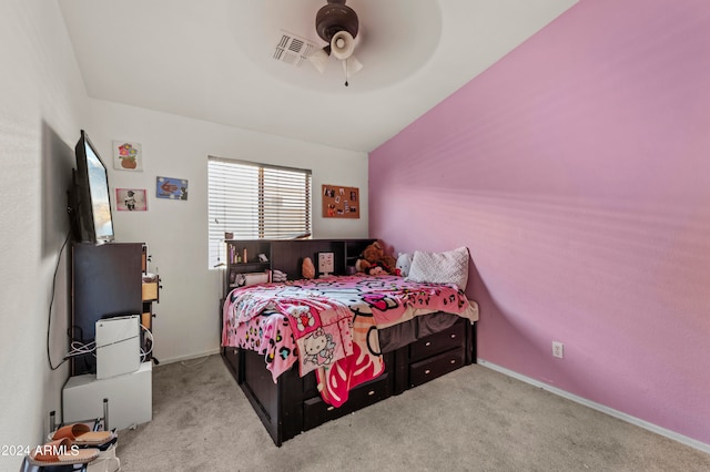 carpeted bedroom with ceiling fan