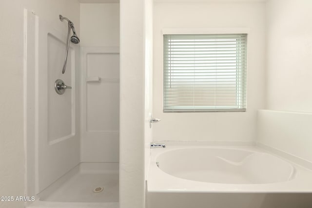 bathroom with a stall shower and a bath