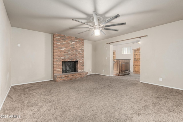 840 N Acacia, Mesa, AZ 85213 - unfurnished living room with a fireplace, a ceiling fan, and carpet flooring