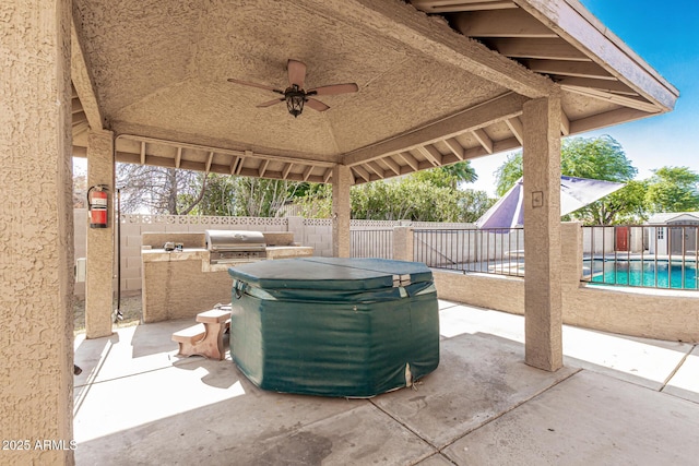 840 N Acacia, Mesa, AZ 85213 - fenced backyard featuring exterior kitchen, a ceiling fan, and a patio