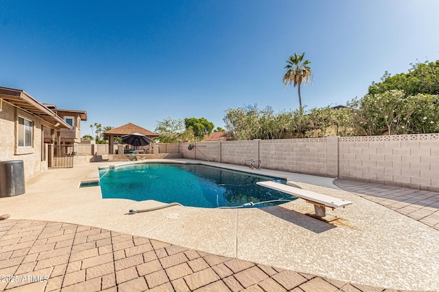 840 N Acacia, Mesa, AZ 85213 - view of swimming pool featuring a gazebo, a patio, a fenced backyard, and a diving board