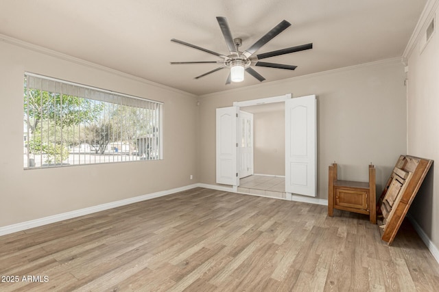 840 N Acacia, Mesa, AZ 85213 - unfurnished bedroom with light wood-style floors, crown molding, multiple windows, and ceiling fan
