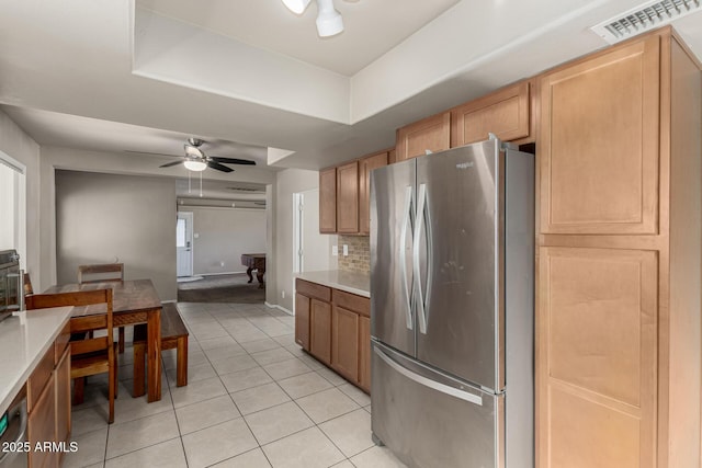 840 N Acacia, Mesa, AZ 85213 - kitchen featuring freestanding refrigerator, light tile patterned floors, light countertops, and ceiling fan