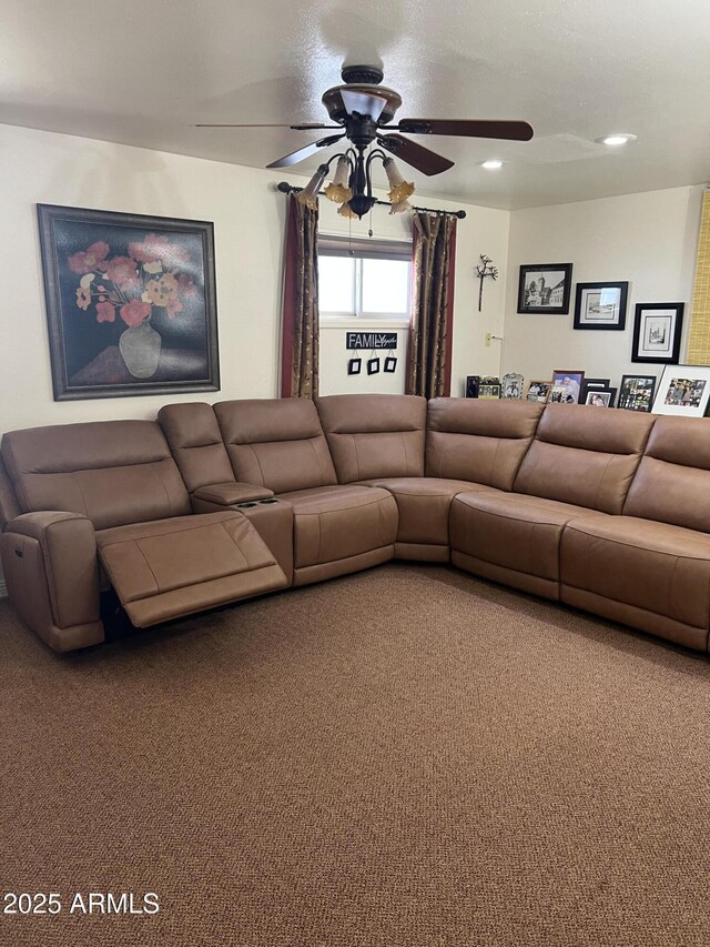 carpeted living room featuring a ceiling fan and recessed lighting