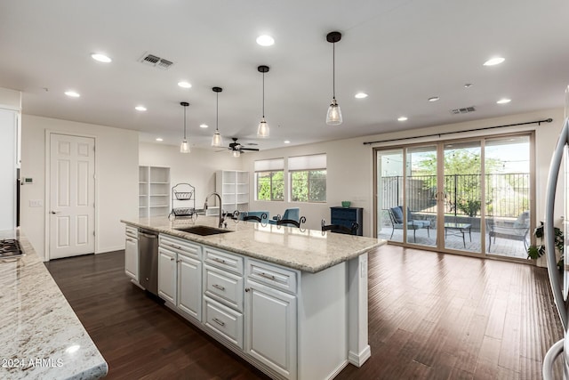 kitchen featuring a sink, recessed lighting, a ceiling fan, white cabinetry, and stainless steel appliances