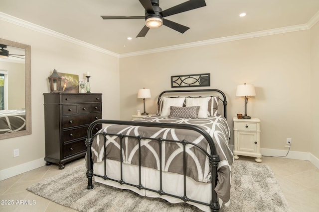 bedroom with crown molding, ceiling fan, and light tile patterned flooring