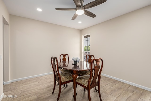 dining area with recessed lighting, baseboards, light wood-style flooring, and a ceiling fan