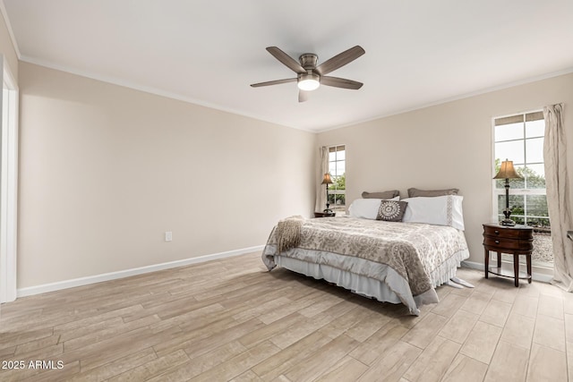 bedroom with ceiling fan, baseboards, ornamental molding, and light wood finished floors