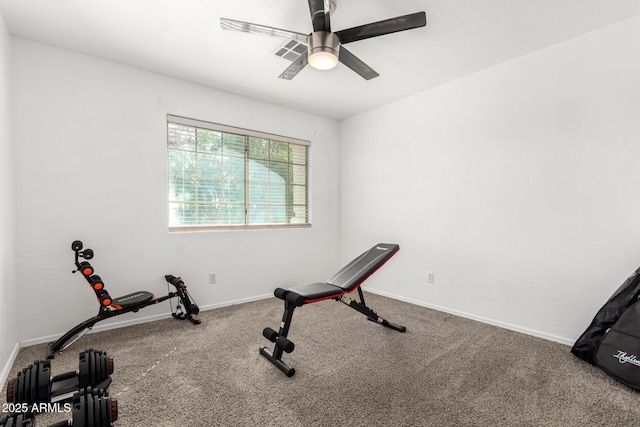 workout room with carpet floors and ceiling fan