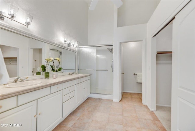 bathroom featuring vanity and a shower with shower door