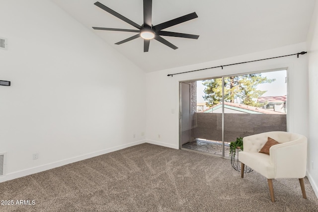 unfurnished room with a ceiling fan, baseboards, vaulted ceiling, and carpet flooring